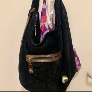 Soft Black Suede Hobo Bag with Brown Trim